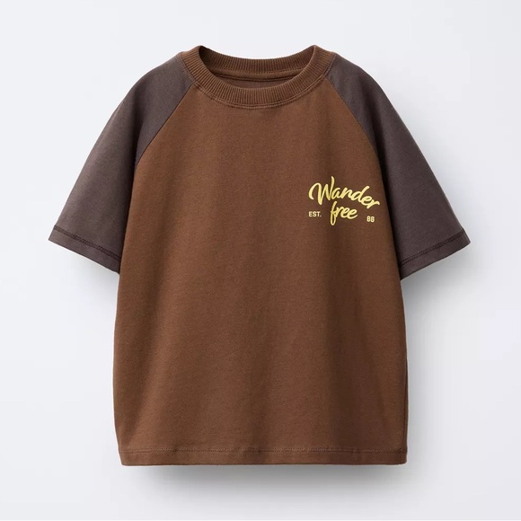 Zara Other - Zara Brown Tee with Dark Brown Raglan Sleeves and Yellow 'Wander free' Print